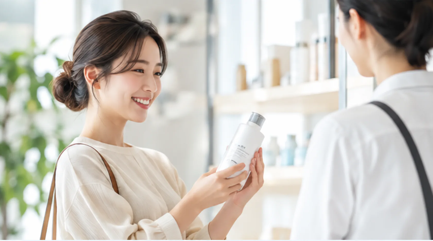 店頭で商品を手に取り説明を受けている女性