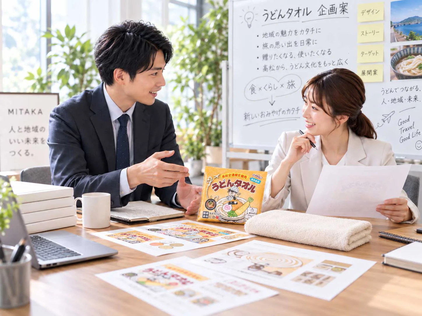 うどんタオルの企画を打ち合わせる男女と、企画案を書いたホワイトボード