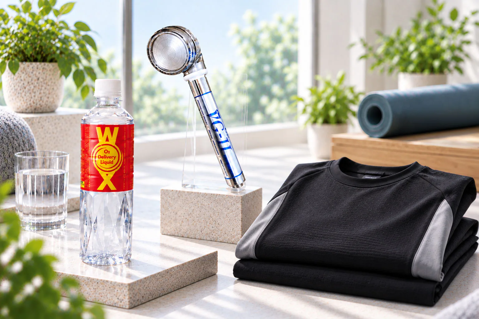 窓辺に並べた酸素補給水WOX、量子水のシャワーヘッド、たたんだリカバリーウェア