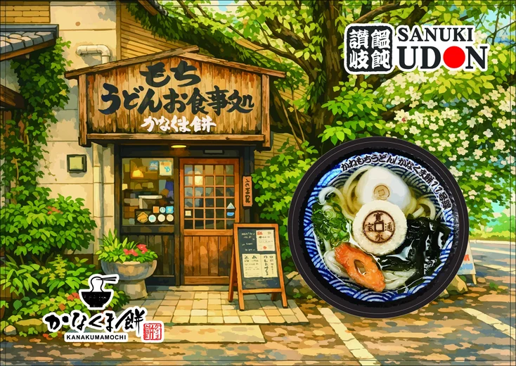 うどん店の店先と、うどんを模したタオル